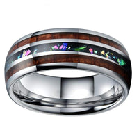 Silver Koa Wood and Opal Inlay Tungsten Wedding Band Ring for Men