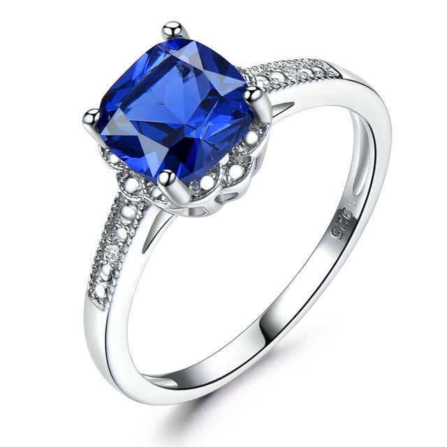 Cushion Cut Blue Sapphire Sterling Silver Ring, Diamond Simulant Wedding Ring