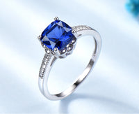 Cushion Cut Blue Sapphire Sterling Silver Ring, Diamond Simulant Wedding Ring