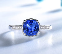 Cushion Cut Blue Sapphire Sterling Silver Ring, Diamond Simulant Wedding Ring