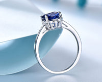 Cushion Cut Blue Sapphire Sterling Silver Ring, Diamond Simulant Wedding Ring