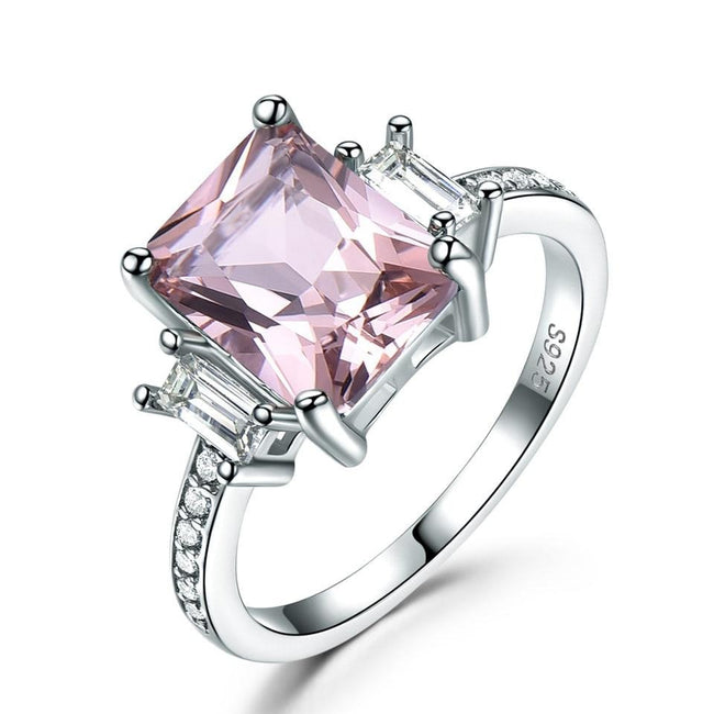 Rectangle Cut Morganite Sterling Silver Engagement Ring