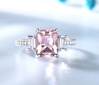 Rectangle Cut Morganite Sterling Silver Engagement Ring