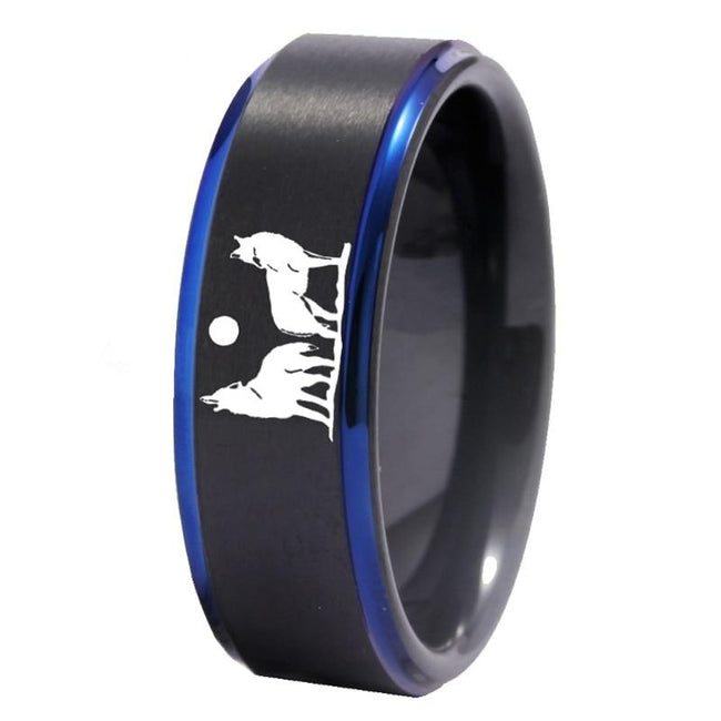 Black Blue Howling Wolves Tungsten Wedding Band Ring for Men