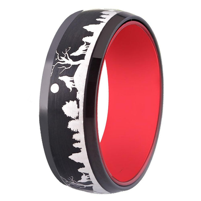 Black and Red Wolf in Forest Tungsten Wedding Band Ring for Men