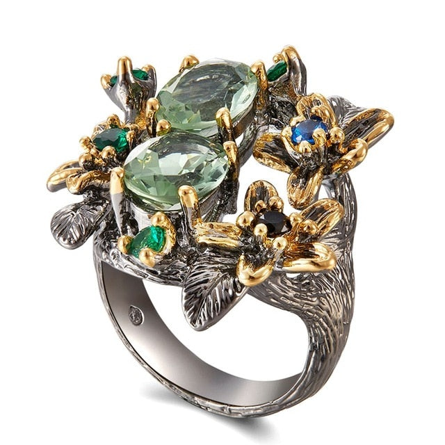 Green Blue and Black Zirconia Vintage Flower Ring  for Women, Black and Gold Color Plated Wedding Ring