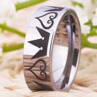 Silver Kingdom Heart and Crowns Couple Tungsten Wedding Band Ring for Men and Women