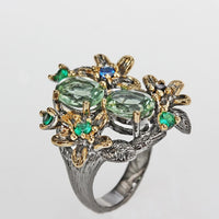 Green Blue and Black Zirconia Vintage Flower Ring  for Women, Black and Gold Color Plated Wedding Ring