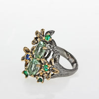 Green Blue and Black Zirconia Vintage Flower Ring  for Women, Black and Gold Color Plated Wedding Ring