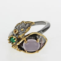 Pink and Green Zirconia Flower Blossom Ring for Women, Black Gold Color Gothic Ring
