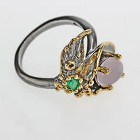 Pink and Green Zirconia Flower Blossom Ring for Women, Black Gold Color Gothic Ring