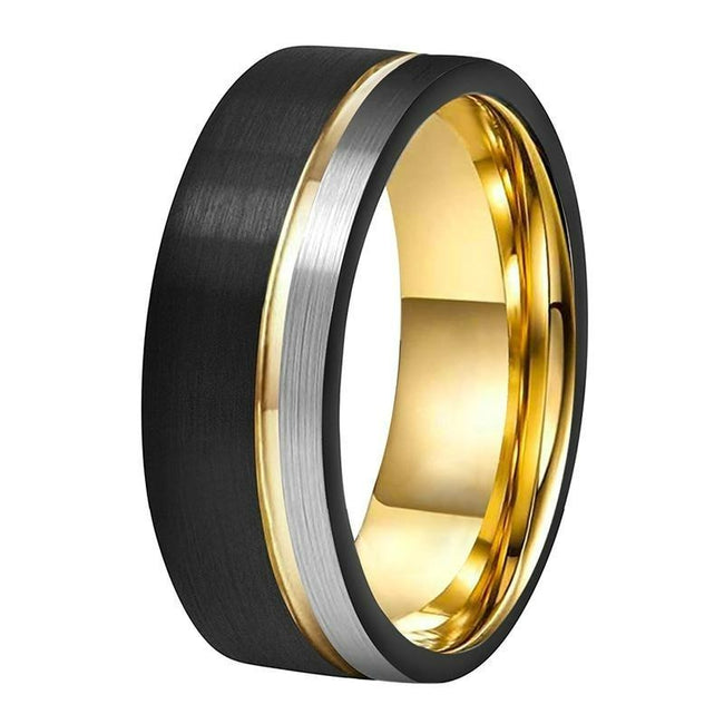 Black and Silver Brushed with Gold Grooved Tungsten Wedding Band Ring for Men