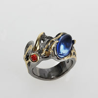 Vintage Horse Eye Shape Blue Red Zirconia Stone Gunmetal Gold Plated Ring