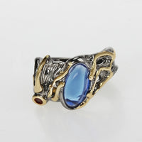 Vintage Horse Eye Shape Blue Red Zirconia Stone Gunmetal Gold Plated Ring
