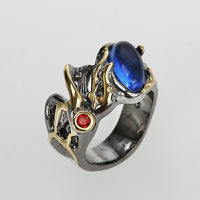 Vintage Horse Eye Shape Blue Red Zirconia Stone Gunmetal Gold Plated Ring