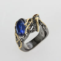 Vintage Horse Eye Shape Blue Red Zirconia Stone Gunmetal Gold Plated Ring