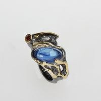 Vintage Horse Eye Shape Blue Red Zirconia Stone Gunmetal Gold Plated Ring
