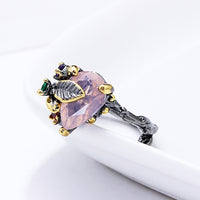 Triangle Cut Pink Zircon Leaf Design Ring for Women, Red Green Purple Diamond Black Finish Ring