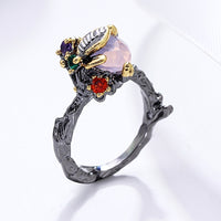 Triangle Cut Pink Zircon Leaf Design Ring for Women, Red Green Purple Diamond Black Finish Ring