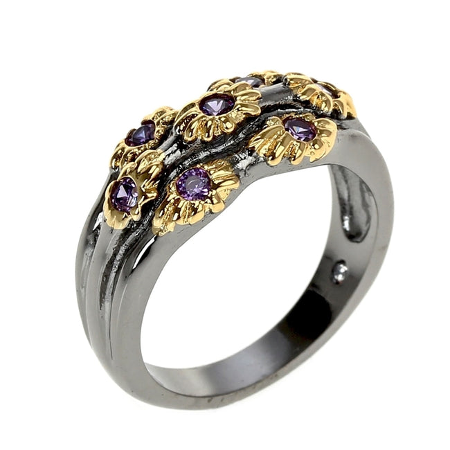 Purple Zircon Golden Flower Design Neo Gothic Ring for Women