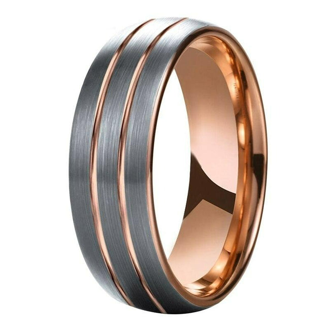 Rose Gold Grooved Matte Brushed Tungsten Wedding Band Ring for Men