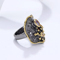 Water Waves Leaf Design Red Purple Zirconia Silver Black and Gold Color Cocktail Ring