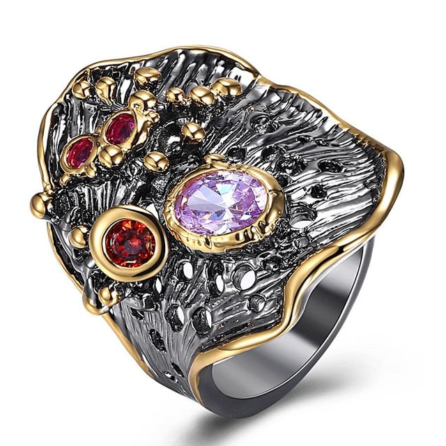 Water Waves Leaf Design Red Purple Zirconia Silver Black and Gold Color Cocktail Ring