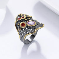 Water Waves Leaf Design Red Purple Zirconia Silver Black and Gold Color Cocktail Ring