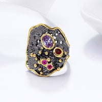 Water Waves Leaf Design Red Purple Zirconia Silver Black and Gold Color Cocktail Ring