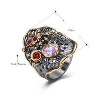 Water Waves Leaf Design Red Purple Zirconia Silver Black and Gold Color Cocktail Ring