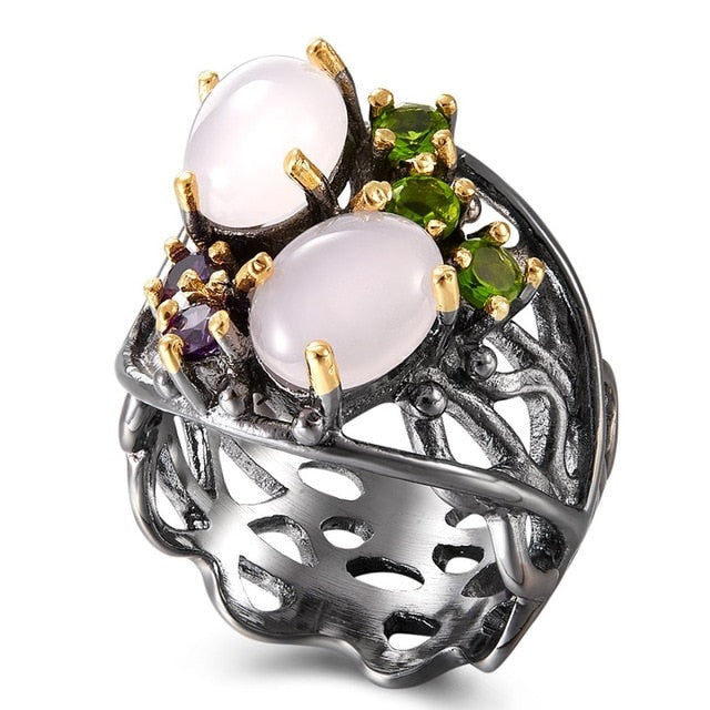 Pink Opal Stone Purple Green Zirconia Wedding Ring for Women