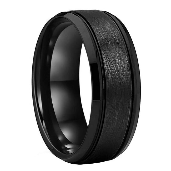 Black Satin Finish Double Grooved Tungsten Wedding Band Ring for Men