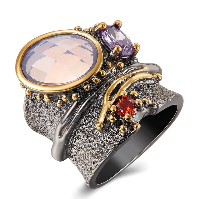 Binding Look Wedding Ring for Women Black Gold Color with Red Purple Zirconia