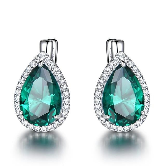 Water Drop Cut Emerald 925 Sterling Silver Earrings, Diamond Simulant Clip Earrings