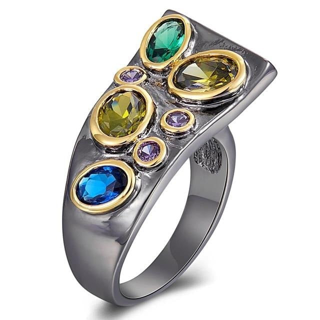 Unique Infinity Colors Zirconia Gunmetal and Gold Color Ring for Women, Blue Green Purple Diamond Simulant Ring