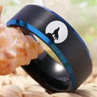 Black Blue Howling Wolf Tungsten Wedding Band Ring for Men