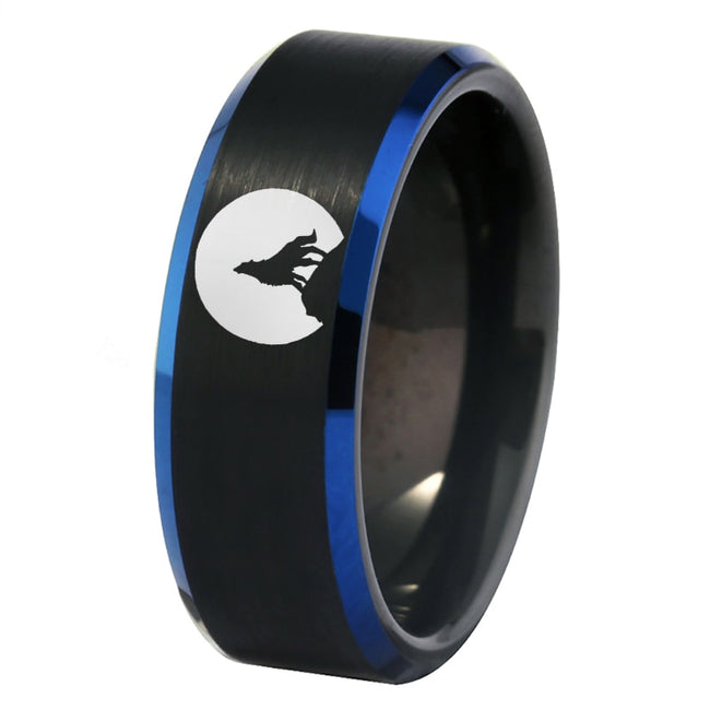 Black Blue Howling Wolf Tungsten Wedding Band Ring for Men