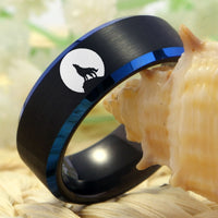 Black Blue Howling Wolf Tungsten Wedding Band Ring for Men