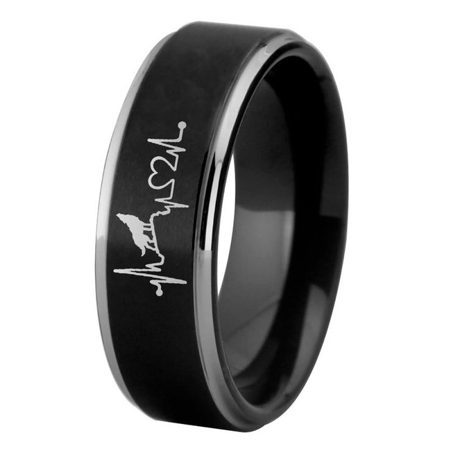 Black Howling Wolf Heartbeat Design Tungsten Wedding Band Ring for Men