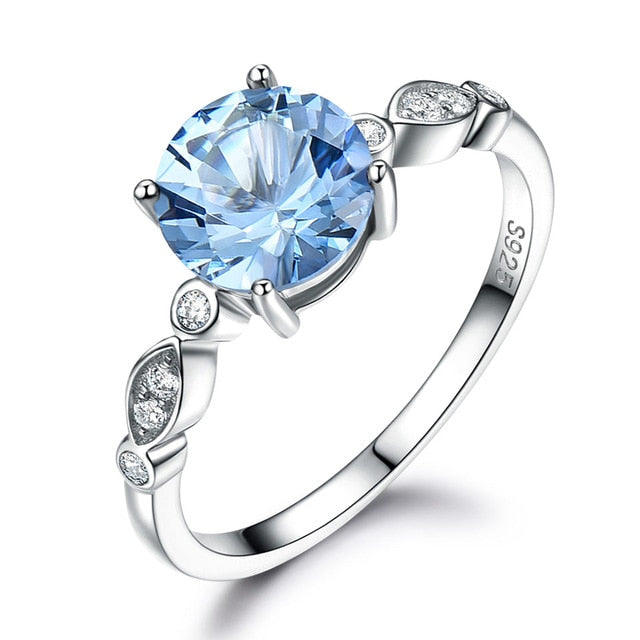 Round Cut Blue Topaz Sterling Silver Ring for Women, Diamond Simulant Wedding Ring