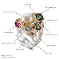 Infinity Color Diamonds Pearl Wedding Ring, Green Pink Zirconia Cocktail Ring for Women