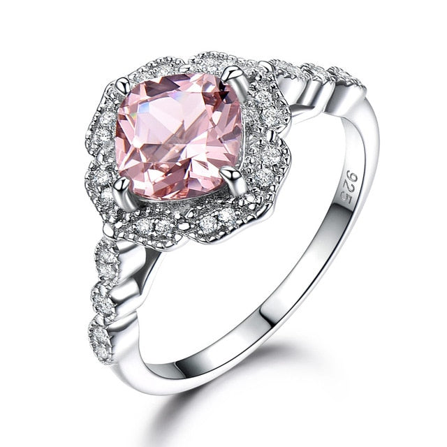 Cushion Cut Morganite Sterling Silver Wedding Ring, Cubic Zirconia Engagement Ring