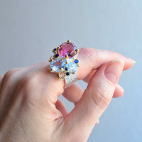 Blue Purple Zircon Silver Plated Wedding Ring for Women, Gold Plated Cocktail Ring