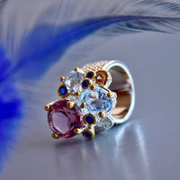 Blue Purple Zircon Silver Plated Wedding Ring for Women, Gold Plated Cocktail Ring