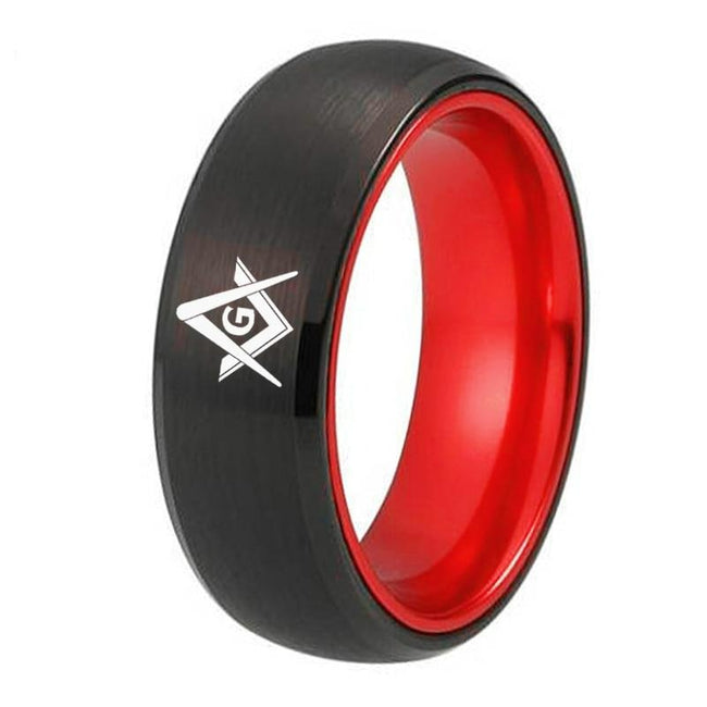 Black and Red Masonic Tungsten Wedding Band Ring for Men