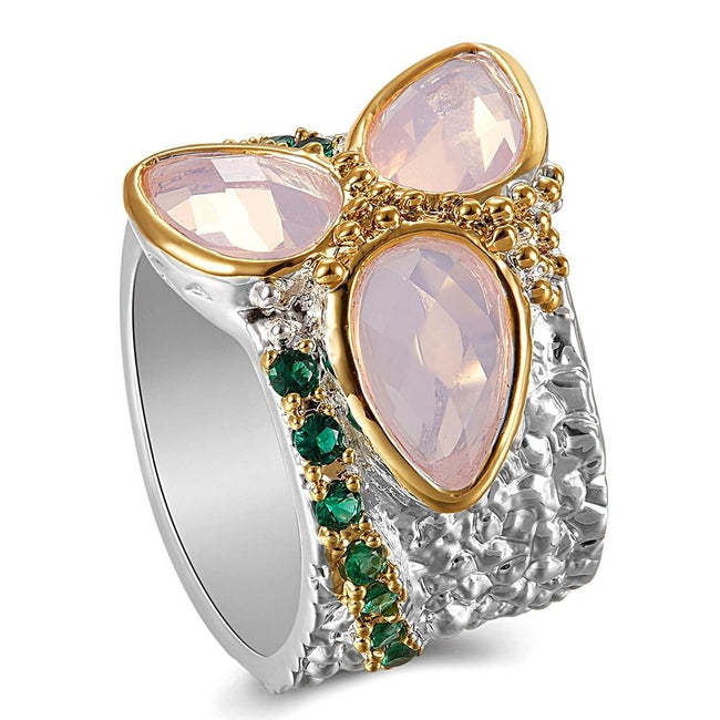 Tri Pink Zirconia Two Tone Colors Geometric Ring, Silver Gold Plated Green Diamond Simulant Wedding Ring for Women