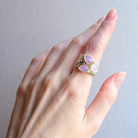 Tri Pink Zirconia Two Tone Colors Geometric Ring, Silver Gold Plated Green Diamond Simulant Wedding Ring for Women