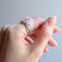 Tri Pink Zirconia Two Tone Colors Geometric Ring, Silver Gold Plated Green Diamond Simulant Wedding Ring for Women