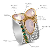 Tri Pink Zirconia Two Tone Colors Geometric Ring, Silver Gold Plated Green Diamond Simulant Wedding Ring for Women