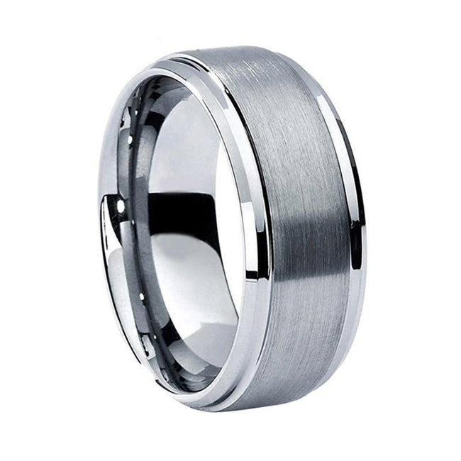 Silver Brushed Finish Tungsten Wedding Band Ring for Men with Beveled Edges